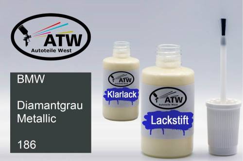 BMW, Diamantgrau Metallic, 186: 20ml Lackstift + 20ml Klarlack - Set, von ATW Autoteile West.